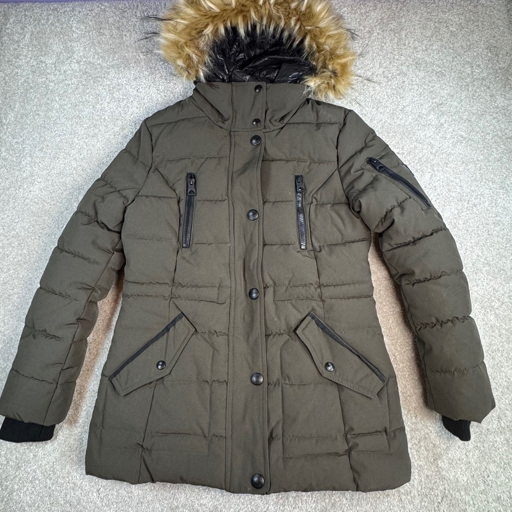 Guess Womens Olive Green Faux Fur Trim Hooded Puffer Parka Jacket Small RN54163